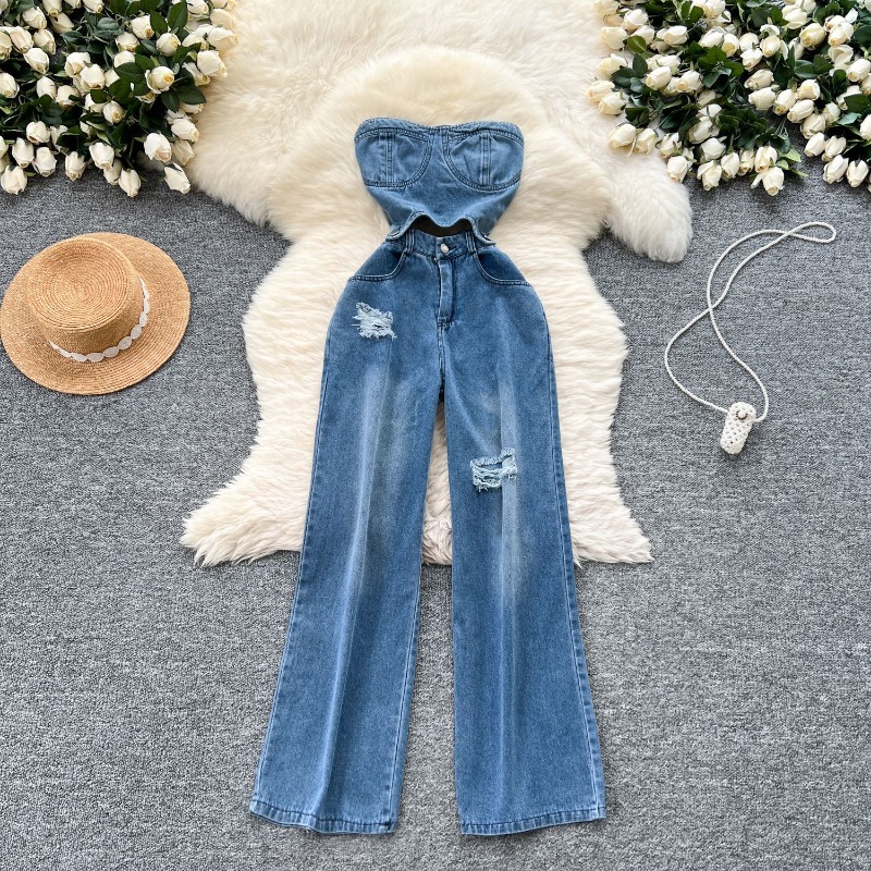 Mom Jeans Women - Dżinsowe kombinezony damskie, jednoczęściowe, bez ramiączek,