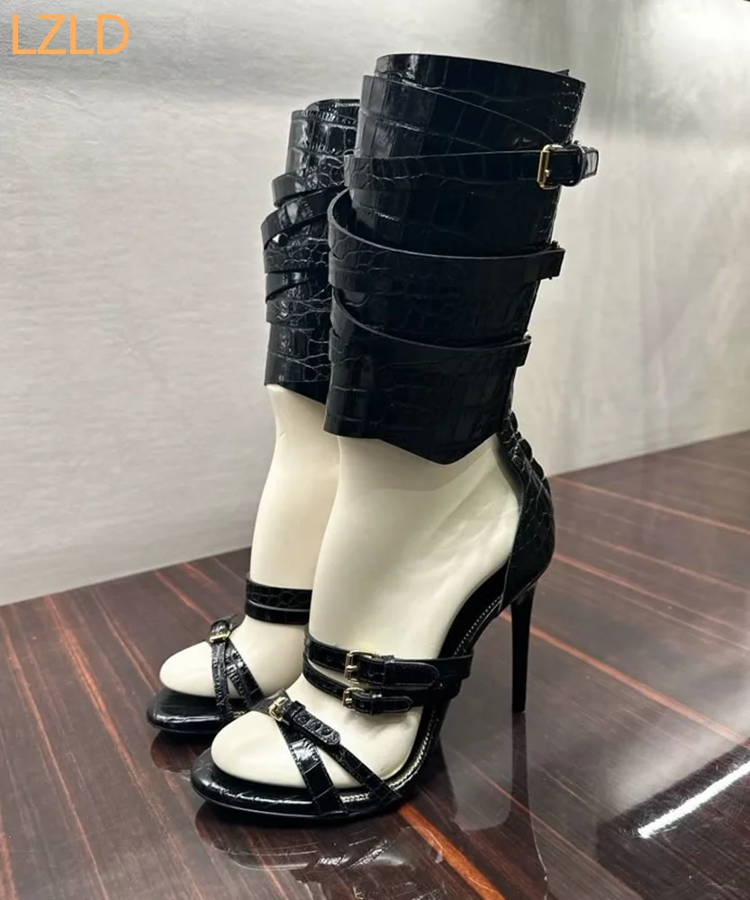 Fashion Women Belt - Czarne seksowne wybiegi damskie sandały 2025