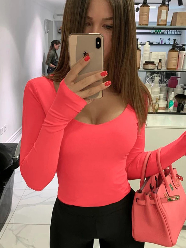 Turtleneck Bodysuit - Pomarańczowe neonowe body damskie z długim