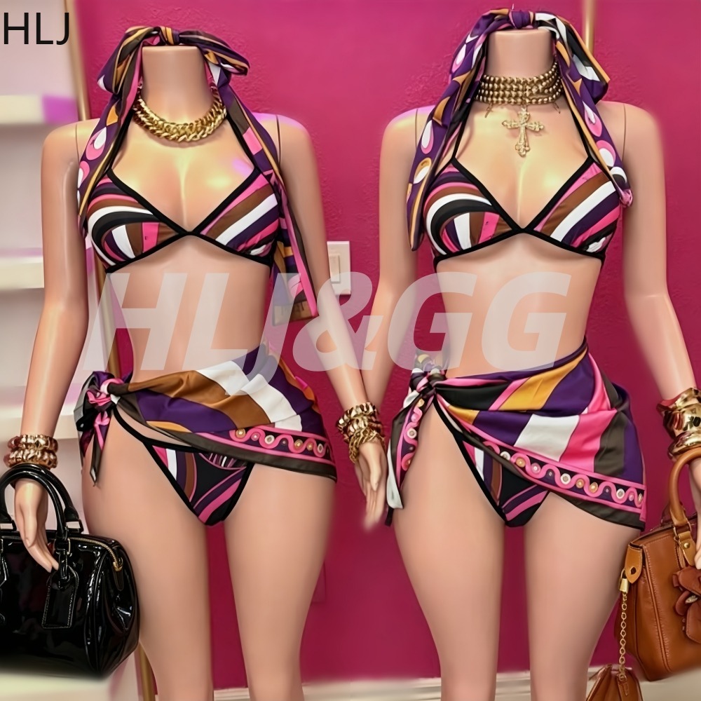 Printed Wrap Skirt - HLJ Damski 4-częściowy zestaw bikini z
