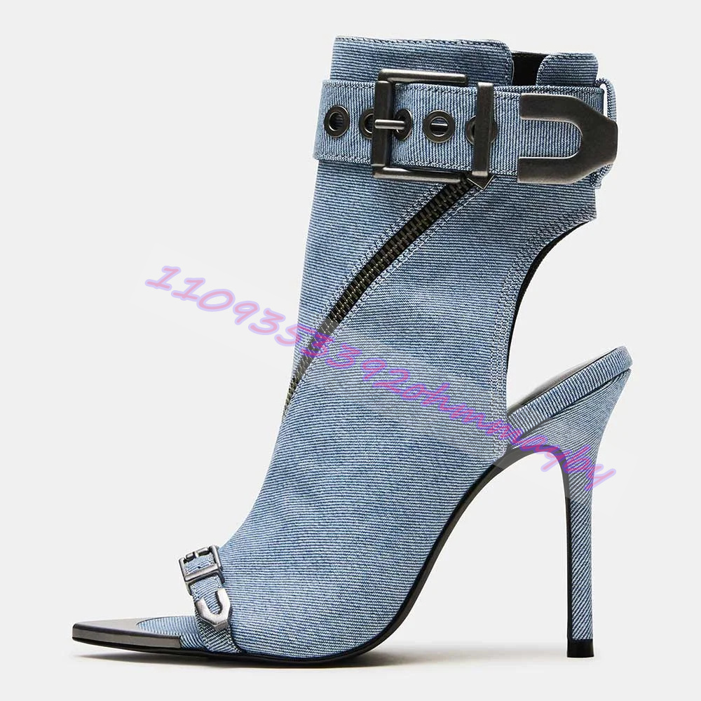 Fashion Women Belt - Letnie niebieskie dżinsowe botki z ostrym