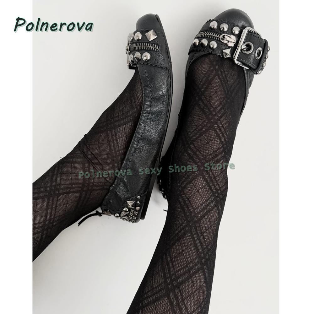Fashion Women Belt - Buty Mary Jane z nitowaną klamrą,