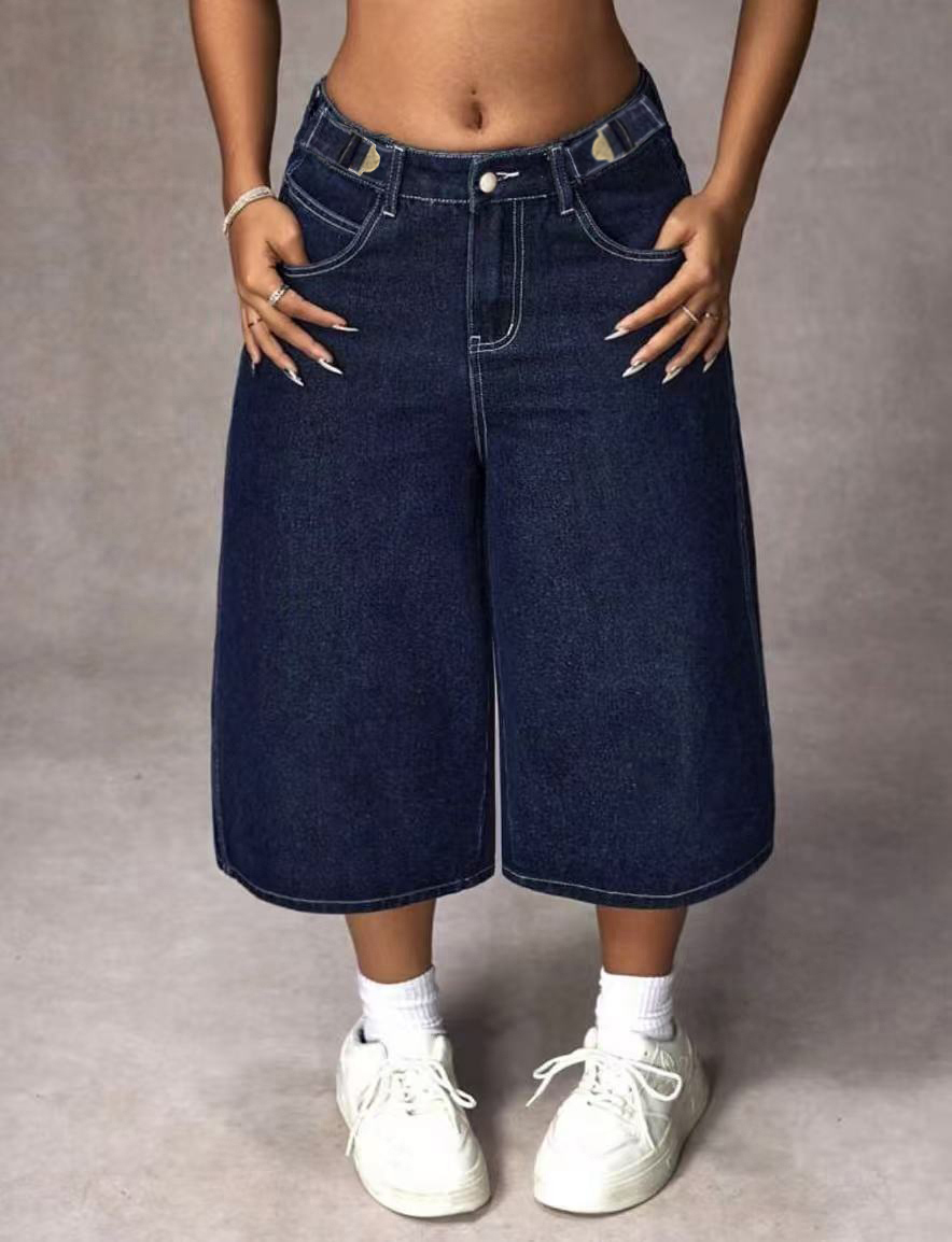 Mom Jeans Women - Retro ciemnoniebieskie dżinsy capri z regulowaną